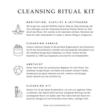 Infografik: Klarheit Ritual Kit in hochwertiger Magnetbox mit Amethyst-Kristall-Kerze, Amethyst Trommelstein, Leitfragen für mehr Klarheit, Meditation & Klarheit-Playlist