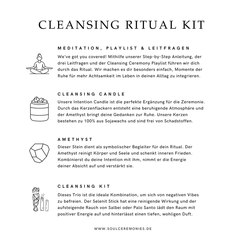 Infografik: Klarheit Ritual Kit in hochwertiger Magnetbox mit Amethyst-Kristall-Kerze, Amethyst Trommelstein, Leitfragen für mehr Klarheit, Meditation & Klarheit-Playlist