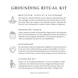 Infografik: Ruhe, Erdung & Ausgeglichenheit Ritual-Kit in hochwertiger Magnetbox mit Rauchquarz-Kristall-Kerze, Rauchquarz Trommelstein, Leitfragen für mehr Ruhe, Meditation & Ruhe-Playlist