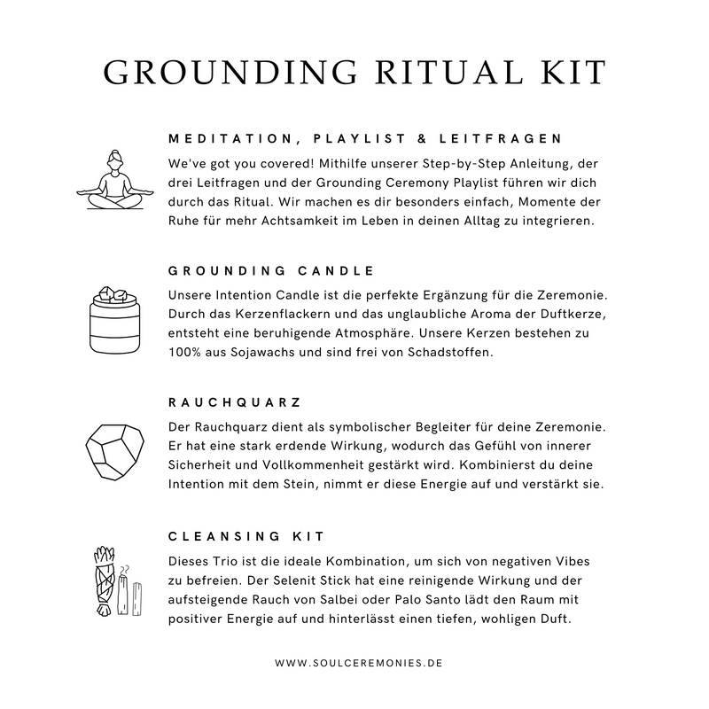 Infografik: Ruhe, Erdung & Ausgeglichenheit Ritual-Kit in hochwertiger Magnetbox mit Rauchquarz-Kristall-Kerze, Rauchquarz Trommelstein, Leitfragen für mehr Ruhe, Meditation & Ruhe-Playlist