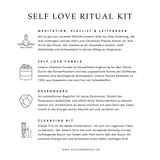 Infografik: Selbstliebe Ritual-Kit in hochwertiger Magnetbox mit Rosenquarz-Kristall-Kerze, Rosenquarz Trommelstein, Leitfragen für mehr Selbstliebe, Meditation & Selbstliebe-Playlist